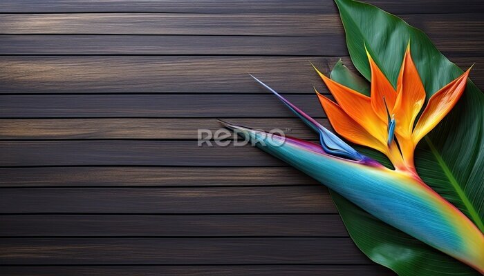 Papier peint  Strelitzia reginae on wooden background with copy space