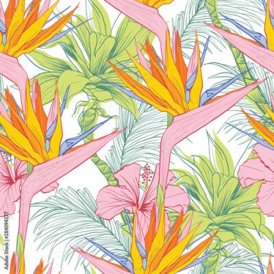 Papier peint  Strelitzia reginae or bird of paradise flowers. Vector colored seamless pattern for fabric textile design.