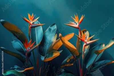 Papier peint  Strelitzia reginae orange flowers on dark green leaves against a blue background. Created with Ai
