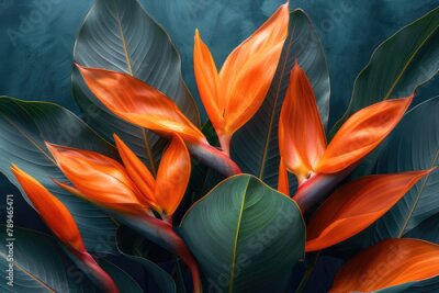 Papier peint  Strelitzia reginae, orange flowers with dark green leaves, closeup, macro photography. Created with Ai