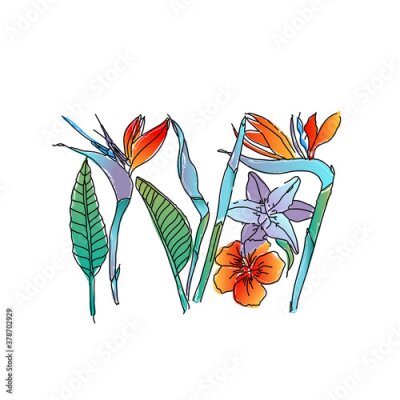Papier peint  Strelitzia Reginae orange tropical flower bouquets set isolated on white. Tropical flowers. Green leaves orange and violet blossom design set. Modern hand drawing African plant bird of paradise