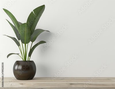 Papier peint  Strelitzia reginae plant in dark brown ceramic pot on wooden table against white wall background with copy space, 3d rendering , empty blank template for mock up design,