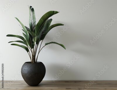 Papier peint  Strelitzia reginae plant in dark brown ceramic pot on wooden table against white wall background with copy space, 3d rendering , empty blank template for mock up design,