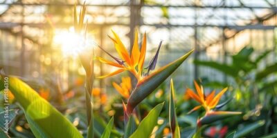 Papier peint  Strelitzia Reginae plant thriving in a tropical greenhouse Bird of Paradise flower Crane flower blooming in a glasshouse Sunlight and soft focus