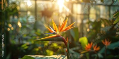 Papier peint  Strelitzia Reginae plant thriving in a tropical greenhouse Bird of Paradise flower Crane flower blooming in a glasshouse Sunlight and soft focus