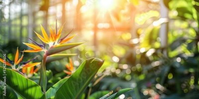 Papier peint  Strelitzia Reginae plant thriving in a tropical greenhouse Bird of Paradise flower Crane flower blooming in a glasshouse Sunlight and soft focus