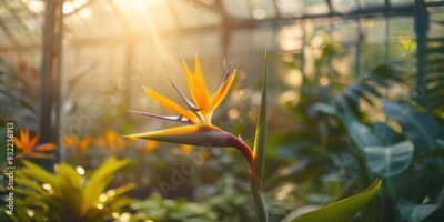 Papier peint  Strelitzia Reginae plant thriving in a tropical greenhouse Bird of Paradise flower Crane flower blooming in a glasshouse Sunlight and soft focus