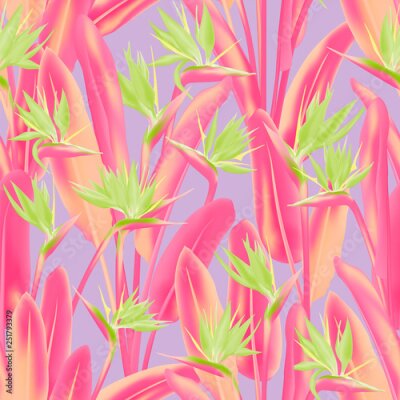 Papier peint  Strelitzia reginae tropical flower vector seamless pattern. Bohemian tropical plant fabric print design. South African plant tropical blossom of crane flower, strelitzia. Floral textile print.
