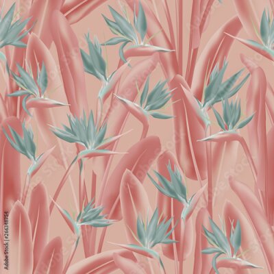 Papier peint  Strelitzia reginae tropical flower vector seamless pattern. Bohemian tropical plant fabric print design. South African plant tropical blossom of crane flower, strelitzia. Floral textile print.