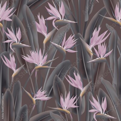 Papier peint  Strelitzia reginae tropical flower vector seamless pattern. Bohemian tropical plant fabric print design. South African plant tropical blossom of crane flower, strelitzia. Floral textile print.