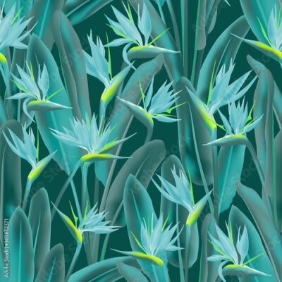 Papier peint  Strelitzia reginae tropical flower vector seamless pattern. Bohemian tropical plant fabric print design. South African plant tropical blossom of crane flower, strelitzia. Floral textile print.