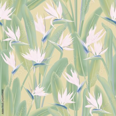 Papier peint  Strelitzia reginae tropical flower vector seamless pattern. Bohemian tropical plant fabric print design. South African plant tropical blossom of crane flower, strelitzia. Floral textile print.