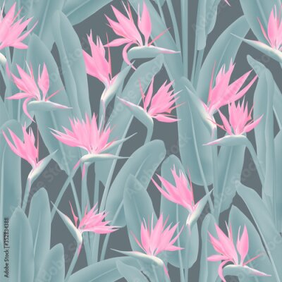 Papier peint  Strelitzia reginae tropical flower vector seamless pattern. Bohemian tropical plant fabric print design. South African plant tropical blossom of crane flower, strelitzia. Floral textile print.