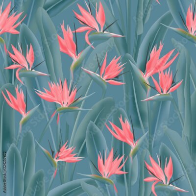 Papier peint  Strelitzia reginae tropical flower vector seamless pattern. Bohemian tropical plant fabric print design. South African plant tropical blossom of crane flower, strelitzia. Floral wallpaper.