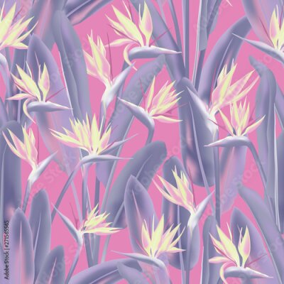 Papier peint  Strelitzia reginae tropical flower vector seamless pattern. Jungle exotic tropical plant fabric design.