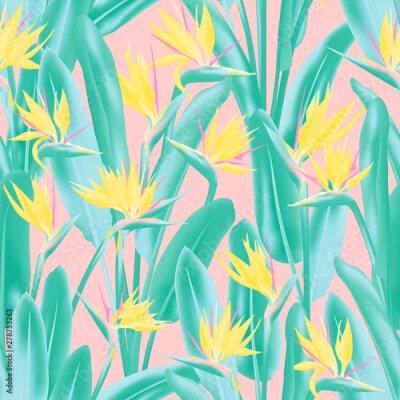 Papier peint  Strelitzia reginae tropical flower vector seamless pattern. Jungle exotic tropical plant fabric design. South African plant tropical blossom of crane flower, strelitzia. Floral textile print.