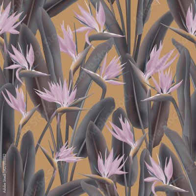 Papier peint  Strelitzia reginae tropical flower vector seamless pattern. Jungle exotic tropical plant fabric design. South African plant tropical blossom of crane flower, strelitzia. Floral textile print.