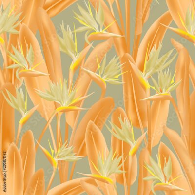 Papier peint  Strelitzia reginae tropical flower vector seamless pattern. Jungle exotic tropical plant fabric design. South African plant tropical blossom of crane flower, strelitzia. Floral textile print.