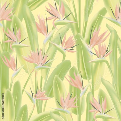 Papier peint  Strelitzia reginae tropical flower vector seamless pattern. Jungle exotic tropical plant fabric design. South African plant tropical blossom of crane flower, strelitzia. Floral textile print.