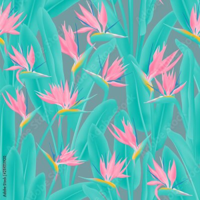 Papier peint  Strelitzia reginae tropical flower vector seamless pattern. Jungle exotic tropical plant fabric design. South African plant tropical blossom of crane flower, strelitzia. Floral wallpaper.