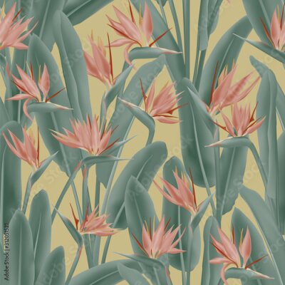 Papier peint  Strelitzia reginae tropical flower vector seamless pattern. Jungle exotic tropical plant fabric design. South African plant tropical blossom of crane flower, strelitzia. Floral wallpaper.
