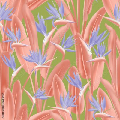 Papier peint  Strelitzia reginae tropical flower vector seamless pattern. Jungle exotic tropical plant fabric design. South African plant tropical blossom of crane flower, strelitzia. Floral wallpaper.