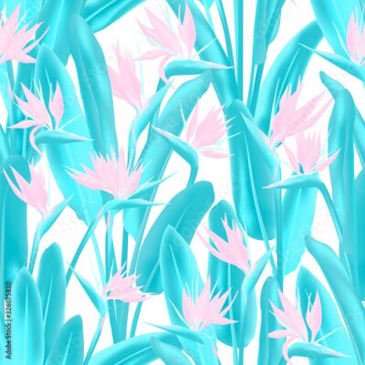 Papier peint  Strelitzia reginae tropical flower vector seamless pattern. Jungle exotic tropical plant fabric design. South African plant tropical blossom of crane flower, strelitzia. Floral wallpaper.