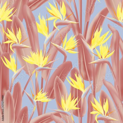 Papier peint  Strelitzia reginae tropical flower vector seamless pattern. Jungle plant paradise tropical summer fabric design. South African plant tropical blossom of crane flower, strelitzia. Floral textile print.