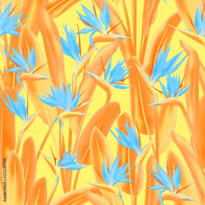 Papier peint  Strelitzia reginae tropical flower vector seamless pattern. Jungle plant paradise tropical summer fabric design. South African plant tropical blossom of crane flower, strelitzia. Floral wallpaper.