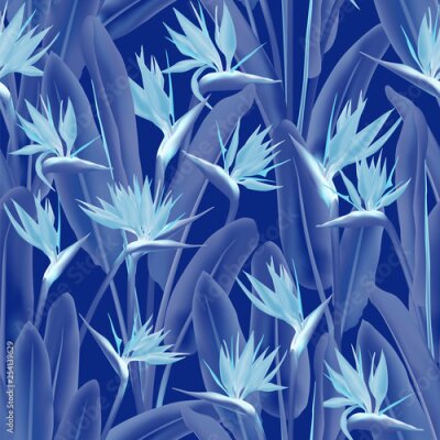 Papier peint  Strelitzia reginae tropical flower vector seamless pattern. Jungle plant paradise tropical summer fabric design. South African plant tropical blossom of crane flower, strelitzia. Floral wallpaper.