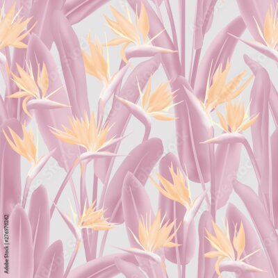 Papier peint  Strelitzia reginae tropical flower vector seamless pattern. Jungle plant paradise tropical summer fabric design. South African plant tropical blossom of crane flower, strelitzia. Floral wallpaper.