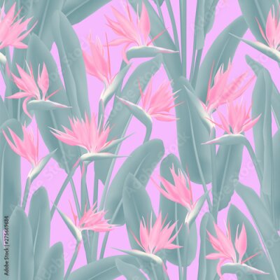 Papier peint  Strelitzia reginae tropical flower vector seamless pattern. Jungle plant paradise tropical summer fabric design. South African plant tropical blossom of crane flower, strelitzia. Floral wallpaper.