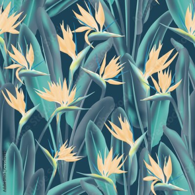 Papier peint  Strelitzia reginae tropical flower vector seamless pattern. Jungle plant paradise tropical summer fabric design. South African plant tropical blossom of crane flower, strelitzia. Floral wallpaper.