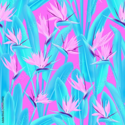 Papier peint  Strelitzia reginae tropical flower vector seamless pattern. Jungle plant paradise tropical summer fabric design. South African plant tropical blossom of crane flower, strelitzia. Floral wallpaper.
