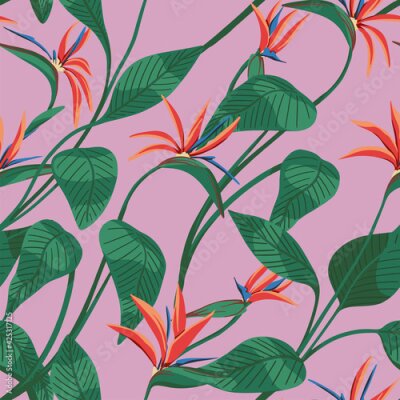Papier peint  Strelitzia reginae, tropical flowers seamless pattern. Hand drawn vector illustration. Colored exotic plants ornament. Botanical design for fabric, textile, wallpaper, background, print, decor, wrap.