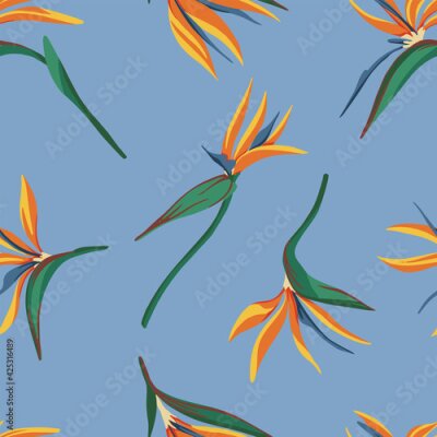 Papier peint  Strelitzia reginae, tropical flowers seamless pattern. Hand drawn vector illustration. Colored exotic plants ornament. Botanical design for fabric, textile, wallpaper, background, print, decor, wrap.