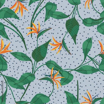 Papier peint  Strelitzia reginae, tropical flowers seamless pattern. Hand drawn vector illustration. Colored exotic plants ornament. Botanical design for fabric, textile, wallpaper, background, print, decor, wrap.