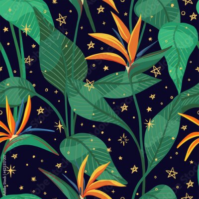 Papier peint  Strelitzia reginae, tropical flowers seamless pattern. Hand drawn vector illustration. Colored exotic plants ornament. Botanical design for fabric, textile, wallpaper, background, print, decor, wrap.