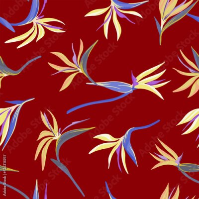 Papier peint  Strelitzia reginae, tropical flowers seamless pattern. Hand drawn vector illustration. Colored exotic plants ornament. Botanical design for fabric, textile, wallpaper, background, print, decor, wrap.