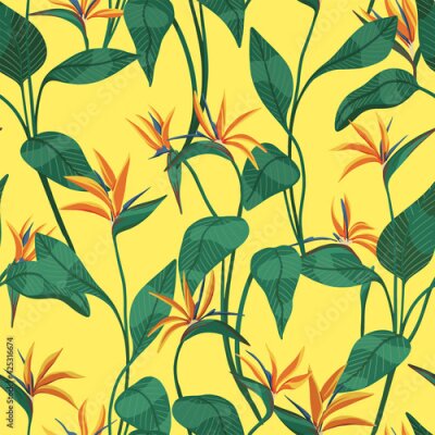 Papier peint  Strelitzia reginae, tropical flowers seamless pattern. Hand drawn vector illustration. Colored exotic plants ornament. Botanical design for fabric, textile, wallpaper, background, print, decor, wrap.