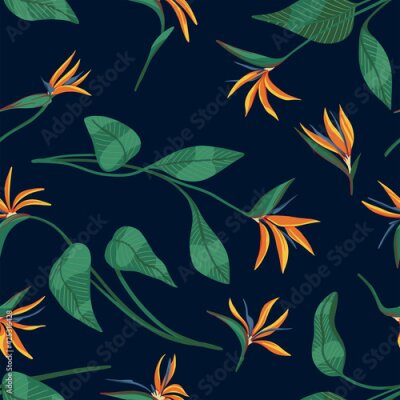 Papier peint  Strelitzia reginae, tropical flowers seamless pattern. Hand drawn vector illustration. Colored exotic plants ornament. Botanical design for fabric, textile, wallpaper, background, print, decor, wrap.