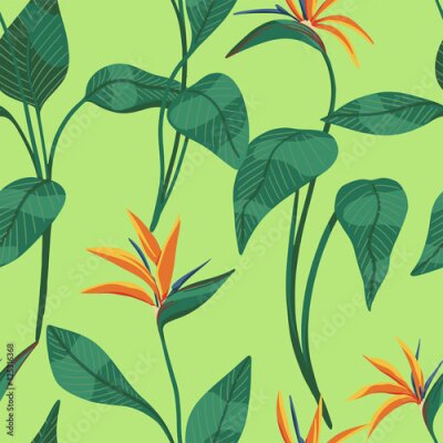Papier peint  Strelitzia reginae, tropical flowers seamless pattern. Hand drawn vector illustration. Colored exotic plants ornament. Botanical design for fabric, textile, wallpaper, background, print, decor, wrap.