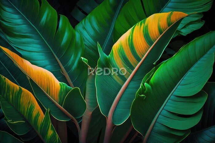 Papier peint  Strelitzia retinae foliage, Bird of paradise foliage (Heliconia leaf)Tropical leaf texture in garden,abstract nature green background. Generative AI