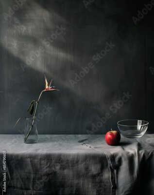 Papier peint  Strelitzia, tablecloth, apple, bowl, still life, flower, plant, table, space for text, exotic