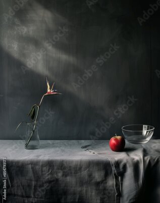 Papier peint  Strelitzia, tablecloth, apple, bowl, still life, flower, plant, table, space for text, exotic