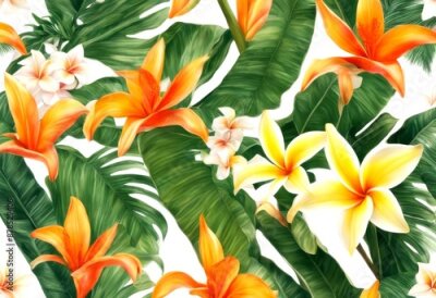Papier peint  strelitzia tropical composition leaves clipart canna treebranch arrangement floral plumeria white blossom banana bright background bouquets flowers exotic illustration green decoration collection