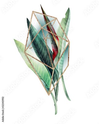 Papier peint  Strelitzia. Tropical flowers and leaves. Bouquet in a crystal.  Watercolor illustration