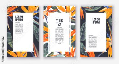 Papier peint  Strelitzia Tropical Flowers Poster Templates. Bird of Paradise flower vector. Realistic bright yellow with orange flowers on white and dark background. Frames, banners, place for text, postcards.
