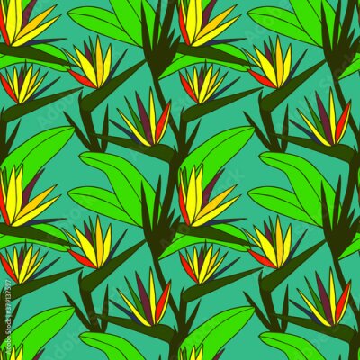 Papier peint  Strelitzia tropical flowers seamless pattern. Vector stock illustration eps10.