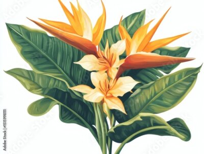 Papier peint  Strelitzia Watercolor artwork of tropical flowers with lush green leaves isolated on a transparent white background botanical illustration